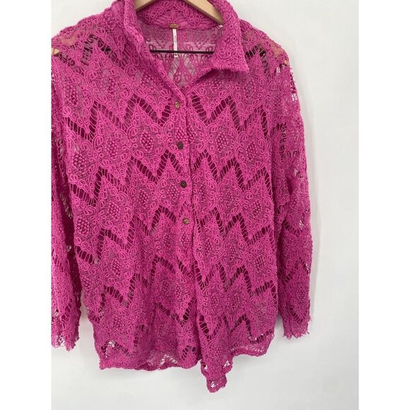 FREE PEOPLE OPEN KNIT CROCHET BUTTON FRONT SWEATER COLLAR SIZE XL - Picture 3 of 5
